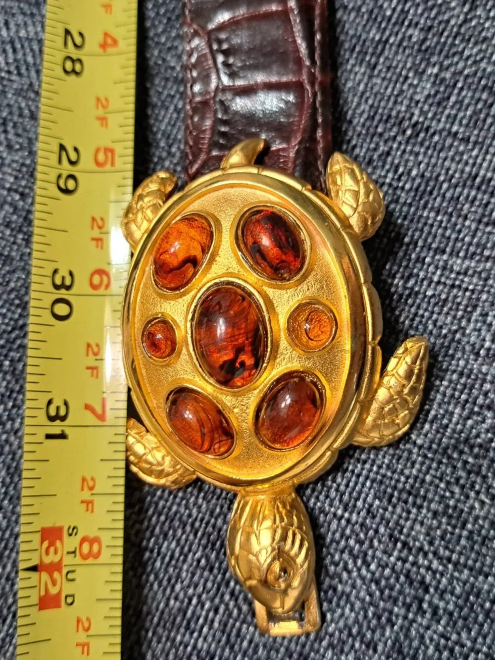 VINTAGE LADIES BELT WITH JEWEL TURTLE BELT BUCKLES GOLD TONE SIZE S-M